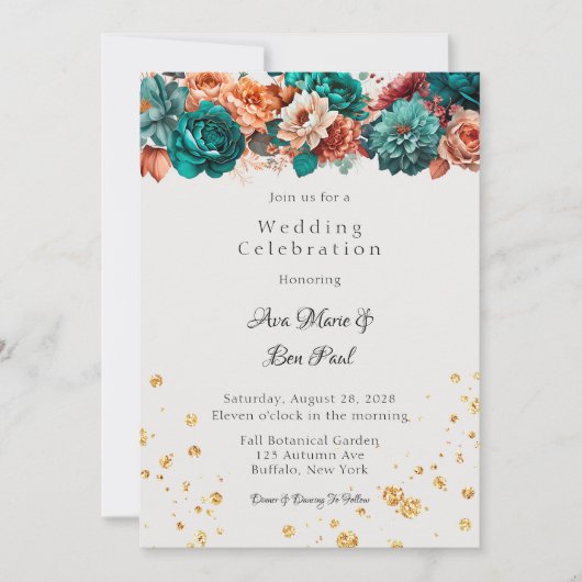 ターコイズとテラコッタピオ結婚ニーお祝い 招待状 (正面)