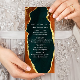 ターコイズとバーントオレンジとゴールドの瑪瑙の結婚式メニュー ラックカード
