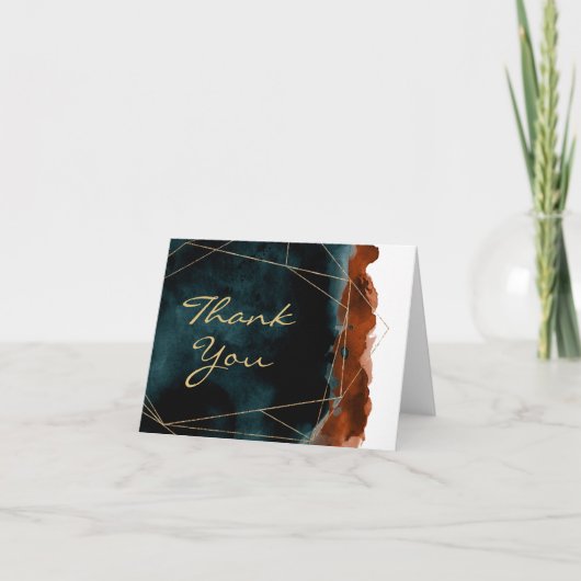 ターコイズとバーントオレンジの水彩感謝カード サンキューカード (正面)