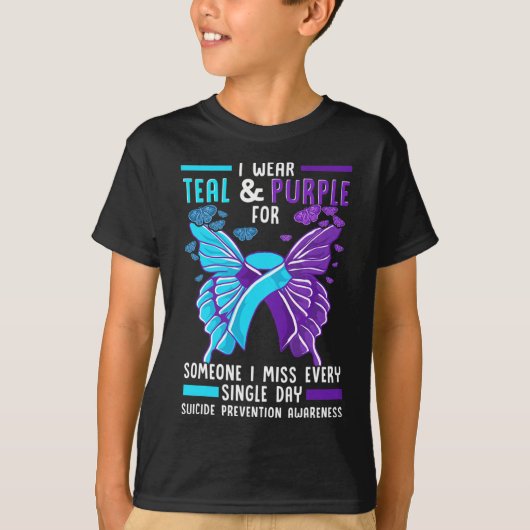 ターコイズとパープルのリボン 自殺予防啓発 Tシャツ (正面)