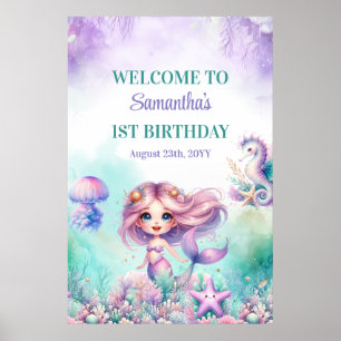 ターコイズとパープルの人魚 1歳の誕生日おめでとう ポスター