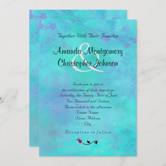 ターコイズとパープルウォーター色の抽象芸術結婚ズ 招待状 (正面/裏面)