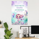 ターコイズとパープルマーメイド1st birthday welcome ポスター (ホームオフィス)