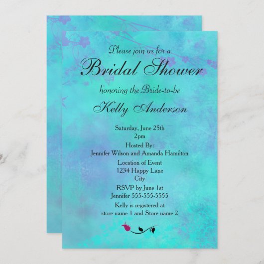 ターコイズとパープルミスティ抽象芸術ブライダルシャワー 招待状 (正面/裏面)