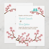ターコイズとピンクのさくらんぼの花（垂直）結婚の 招待状 (正面/裏面)