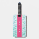 ターコイズとピンクのギリシャ鍵カスタムモノグラム ラゲッジタグ (裏面縦)