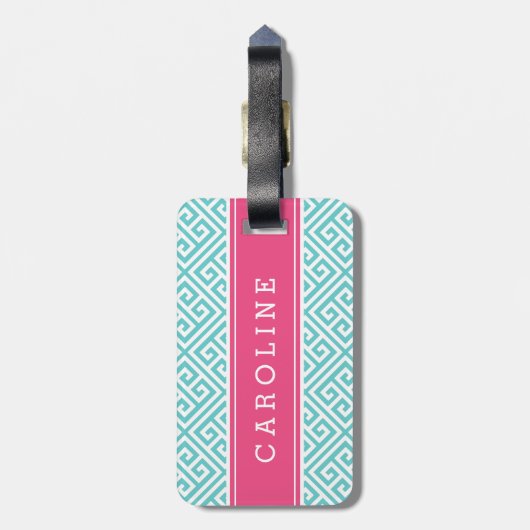 ターコイズとピンクのギリシャ鍵カスタムモノグラム ラゲッジタグ (裏面縦)