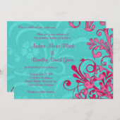 ターコイズとピンクのフローラ結婚式招待状 招待状 (正面/裏面)