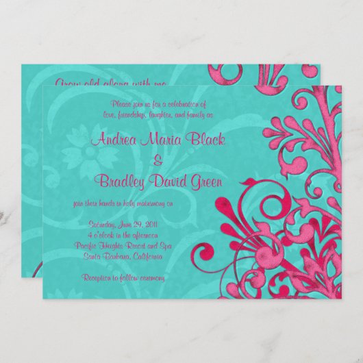 ターコイズとピンクのフローラ結婚式招待状 招待状 (正面/裏面)