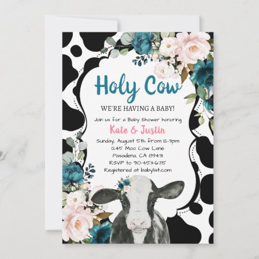 ターコイズとピンクのフローラ聖い牛の赤ちゃんシャワー 招待状 (正面)
