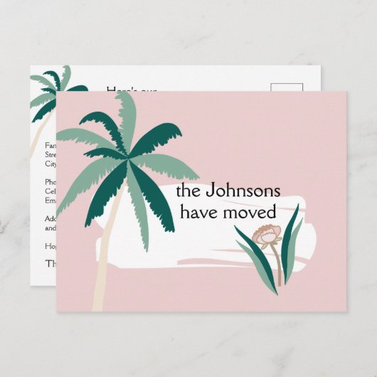 ターコイズとピンクのヤシの木 新しい住所 案内ポストカード (正面/裏面)