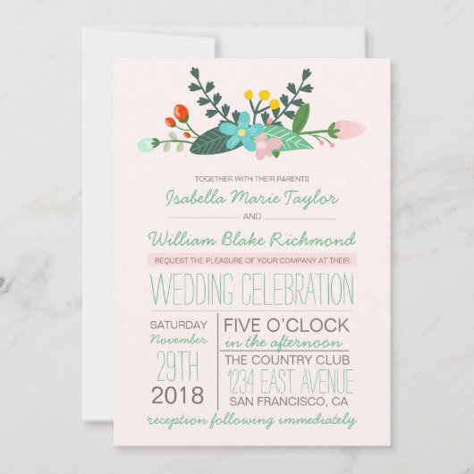 ターコイズとピンクの花束 ウェディング招待状 招待状 (正面)