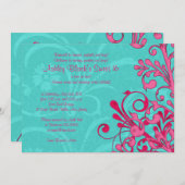 ターコイズとピンクの花柄 スイート16の誕生日招待状 招待状 (正面/裏面)
