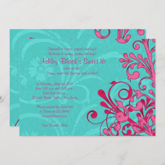 ターコイズとピンクの花柄 スイート16の誕生日招待状 招待状 (正面/裏面)