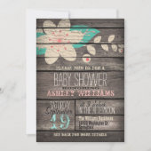 ターコイズとピンクの花、木素朴の赤ちゃんシャワー 招待状 (正面)