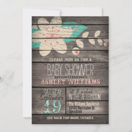 ターコイズとピンクの花、木素朴の赤ちゃんシャワー 招待状