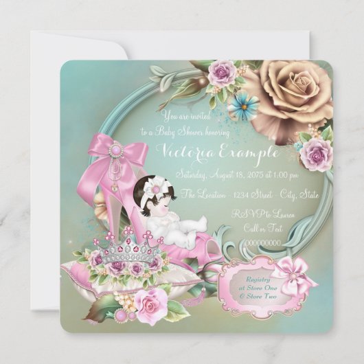 ターコイズとピンクの靴のローズベイビーシャワー 招待状 (裏面)