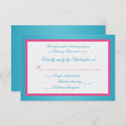 ターコイズとピンクダマスクの返信カード 出欠カード (正面/裏面)