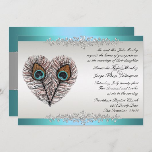 ターコイズとピーコックの結婚式招待状 招待状 (正面/裏面)