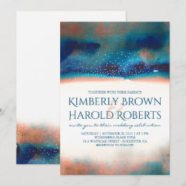 ターコイズとピーチのモダンな水彩ウェディング 招待状