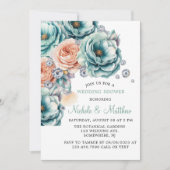 ターコイズとピーチのローズ ダイヤモンド ウェディング 招待状 (正面)