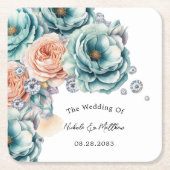 ターコイズとピーチバラ結婚ダイヤモンドズ スクエアペーパーコースター (正面)