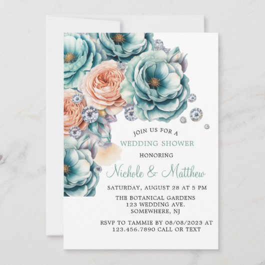 ターコイズとピーチバラ結婚ダイヤモンドズ 招待状 (正面)