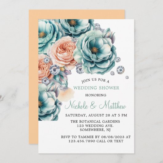 ターコイズとピーチバラ結婚ダイヤモンドズ 招待状 (正面/裏面)