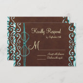 ターコイズとブラウンカントリーの結婚式の出欠確認カード 出欠カード (正面/裏面)