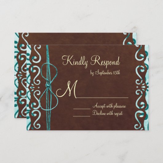 ターコイズとブラウンカントリーの結婚式の出欠確認カード 出欠カード (正面/裏面)