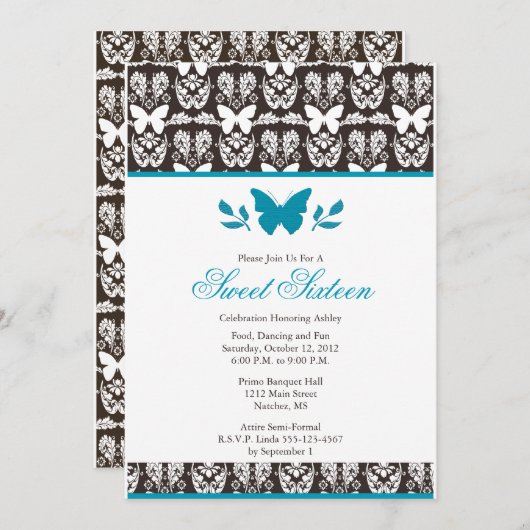 ターコイズとブラウンバタフライスイート16インビタイトン 招待状 (正面/裏面)