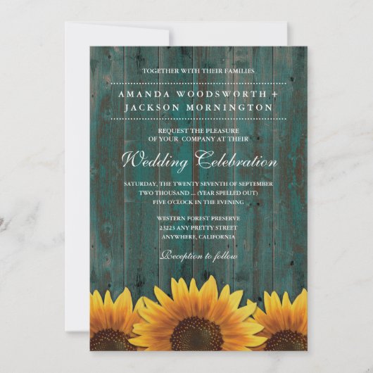 ターコイズとブラウンヒマワリの結婚式招待状 招待状 (正面)