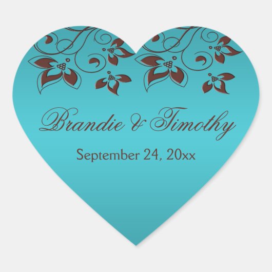 ターコイズとブラウンフローラハート型シール ハートシール (正面)