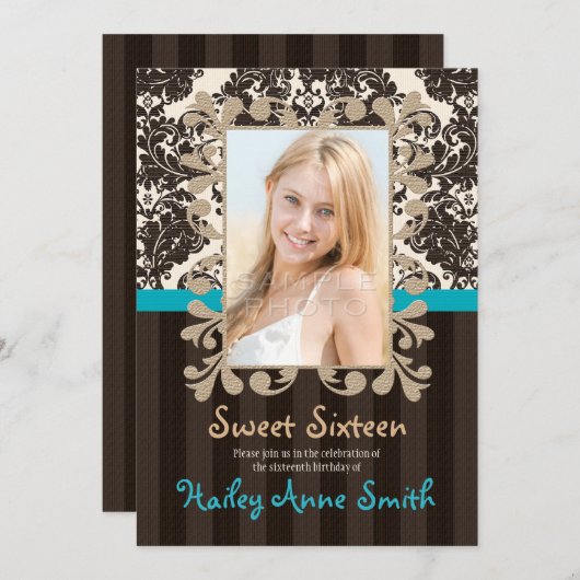 ターコイズとブラウンヴィンテージダマスクSweet sixteen 招待状 (正面/裏面)