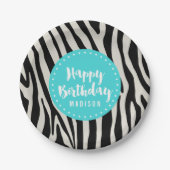 ターコイズとブラックゼブラストライプー誕生日パーティー ペーパープレート (正面)