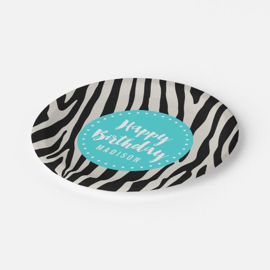 ターコイズとブラックゼブラストライプー誕生日パーティー ペーパープレート (アングル)