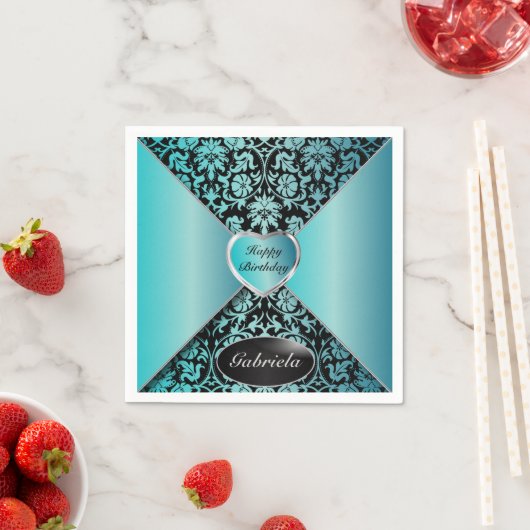 ターコイズとブラックダマスク スタンダードカクテルナプキン (インサイチュ)