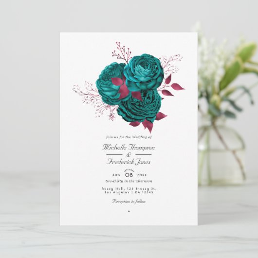 ターコイズとブルゴーニュフローラ結婚式招待状 招待状 (スタンド正面)