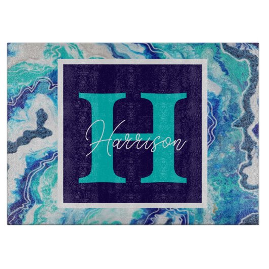 ターコイズとブルーマーブルパーソナライズされた カッティングボード (正面)