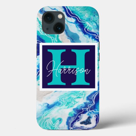ターコイズとブルーマーブルモノグラムネームビーチイ Case-Mate iPhoneケース (裏面)