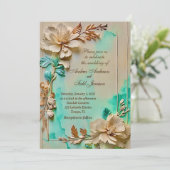 ターコイズとベージュの花のウェディング 招待状 (スタンド正面)