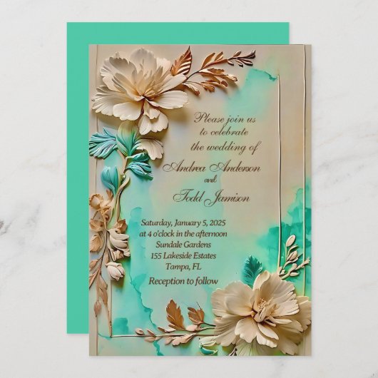 ターコイズとベージュの花のウェディング 招待状 (正面/裏面)
