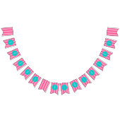 ターコイズとホットピンクのストライプハッピーバースデー バンティングフラッグ (全)