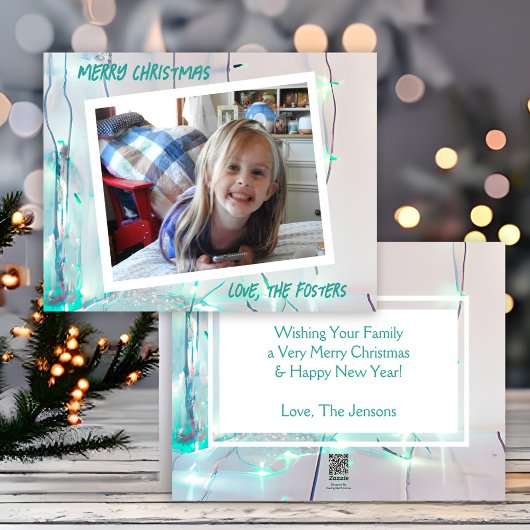 ターコイズとホワイトのクリスマスイルミネーション フォト ホリデー シーズンカード