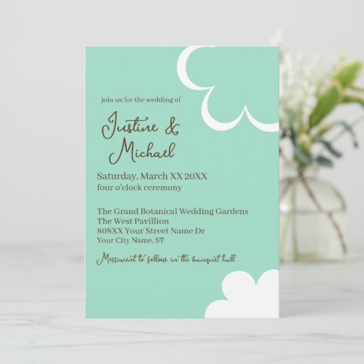 ターコイズとホワイトのレトロフラワーウェディング 招待状 (スタンド正面)