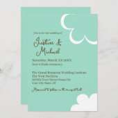 ターコイズとホワイトのレトロフラワーウェディング 招待状 (正面/裏面)