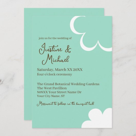 ターコイズとホワイトのレトロフラワーウェディング 招待状 (正面/裏面)