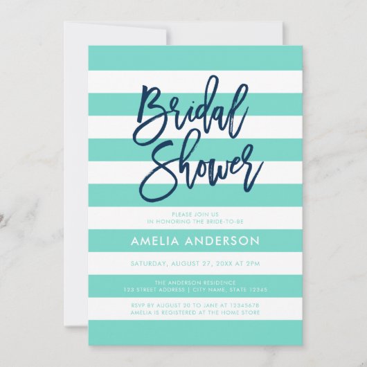 ターコイズとホワイトストライプブライダルシャワー 招待状 (正面)