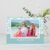 ターコイズとホワイトダマスクのクリスマスフォト シーズンカード (スタンド正面)