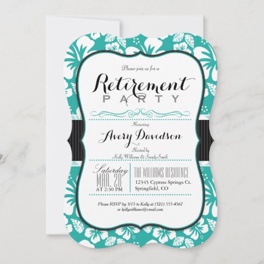 ターコイズとホワイトトロピカルリタイアメントパーティー 招待状 (正面)